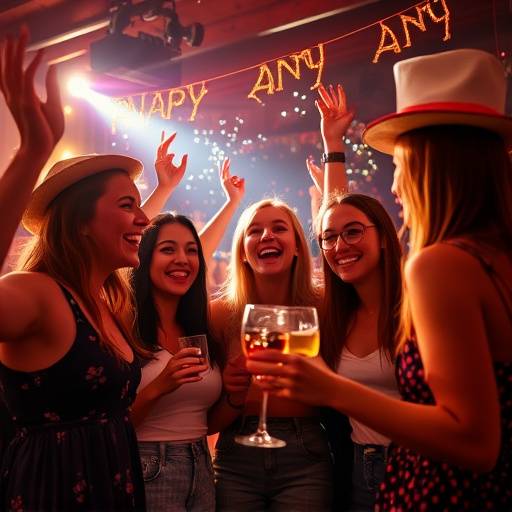 Fotografia de um grupo de amigos celebrando em uma festa animada, capturando a alegria e a amizade.