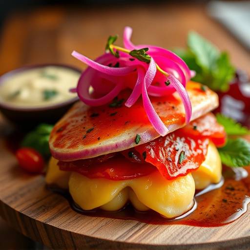 Fotografia de um prato de comida gourmet, com detalhes e cores vibrantes que despertam o apetite.