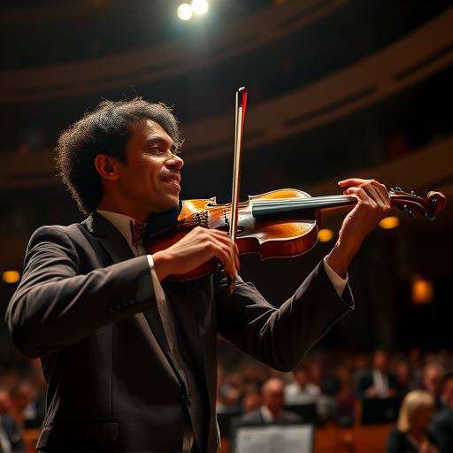 Fotografia de um violinista tocando com paixão durante uma apresentaäão em um concerto na Sala São Paulo.