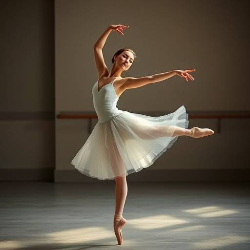 Fotografia de uma bailarina em um ensaio artístico, com movimentos elegantes e expressivos.