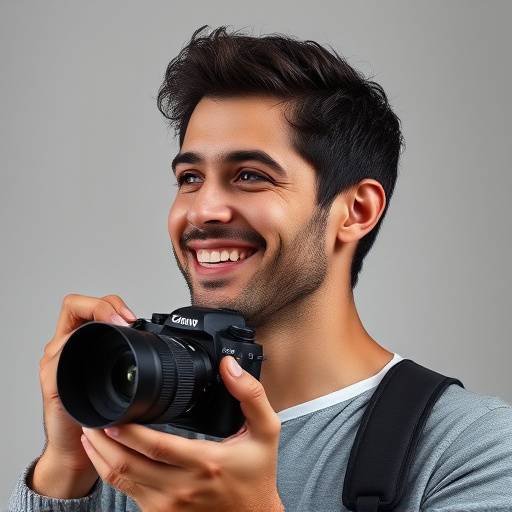 Retrato de Ricardo Almeida, sorrindo e olhando para o lado, com uma câmera na mão e um estüdio ao fundo.