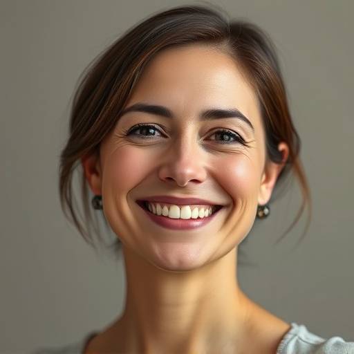 Retrato profissional de uma mulher sorrindo, com iluminaäão suave e fundo neutro.